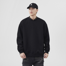 批发实拍秋冬重磅潮牌提花圆领长袖卫衣男宽松大码休闲套头上衣