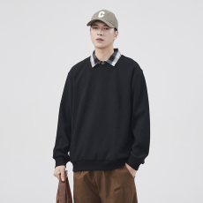 批发实拍肌理感衬衫领假两件卫衣男秋冬季潮牌重磅宽松套头翻领上衣