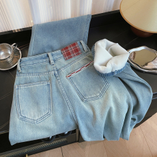 批发实拍冬加厚复合绒撞色刺绣格子高腰直筒宽松显瘦阔腿牛仔长<b class='q'>裤子</b>女