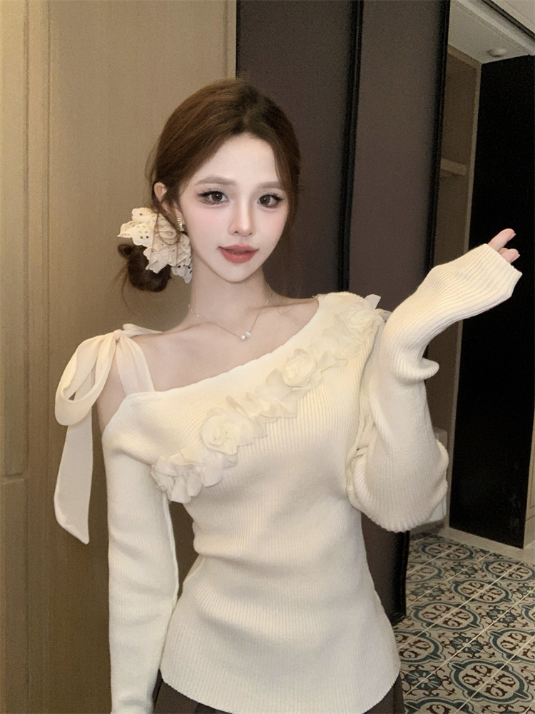 2026 새로운 비스듬한 칼라 나비 매듭 어깨끈 레이스업 몸매 가꾸기 슬림해 보이는 니트 스웨터 여성 긴 소매 니트 스웨터