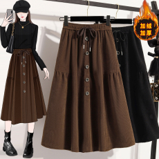 批发实拍冬款大码女装胖mm加绒加厚打底裙高腰显瘦遮胯A字半身伞裙