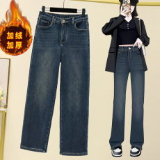 批发实拍冬款大码加绒加厚直筒牛仔裤女胖MM高腰宽松复古窄版阔腿裤子