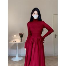 批发【圣诞红过年红】半高领收腰显瘦针织连衣裙秋冬韩版高级感打底裙