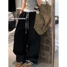 批发十三行2025秋季新款美式高腰拼接抽绳运动休闲百搭阔腿拖地裤女潮