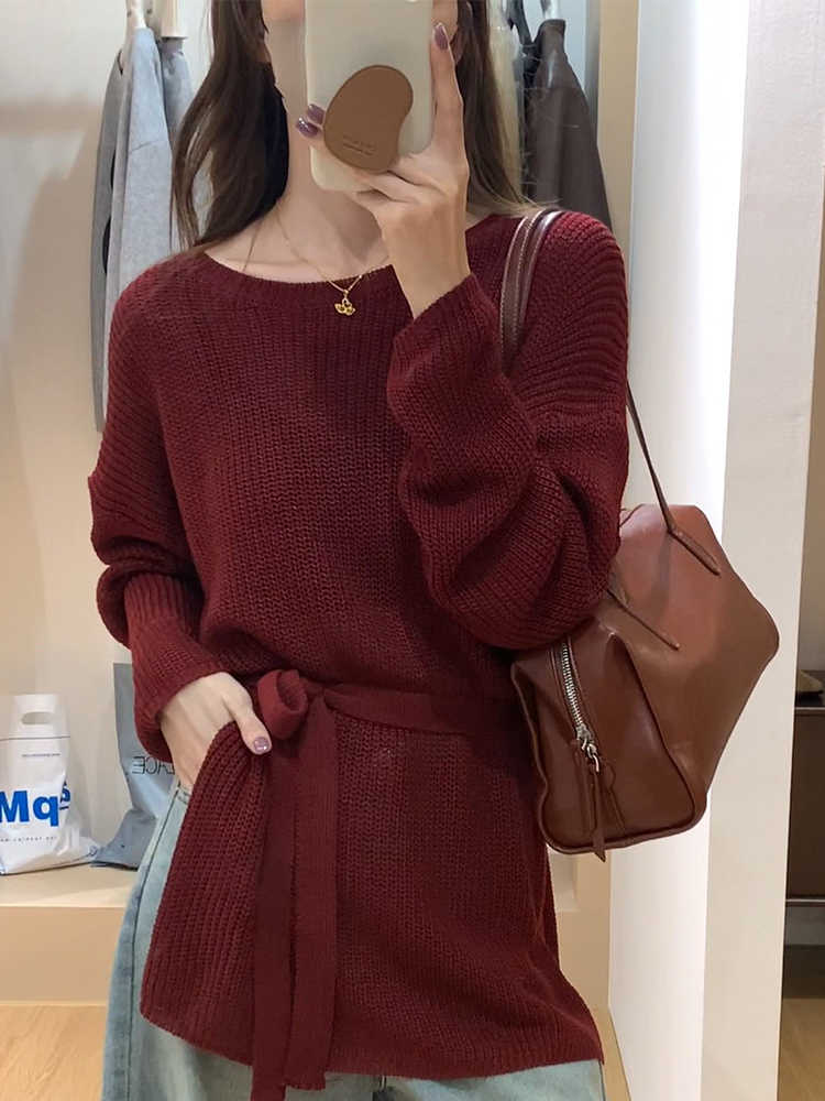 레트로 항구 바람 와인 레드 스웨터 여자 가을 한 부서 새로운 부드러운 찹쌀 느긋한 바람 연령 감소 트임 니트 스웨터 맨위