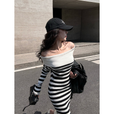 批发实拍实价纯欲辣妹性感一字肩翻领撞色条纹内搭显瘦针织<b class='q'>连衣裙</b>长裙