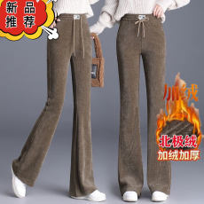 批发加绒松紧腰微喇叭裤女士裤子2023秋冬季<b class='q'>高腰</b>显瘦垂感休闲条绒<b class='q'>长裤</b>