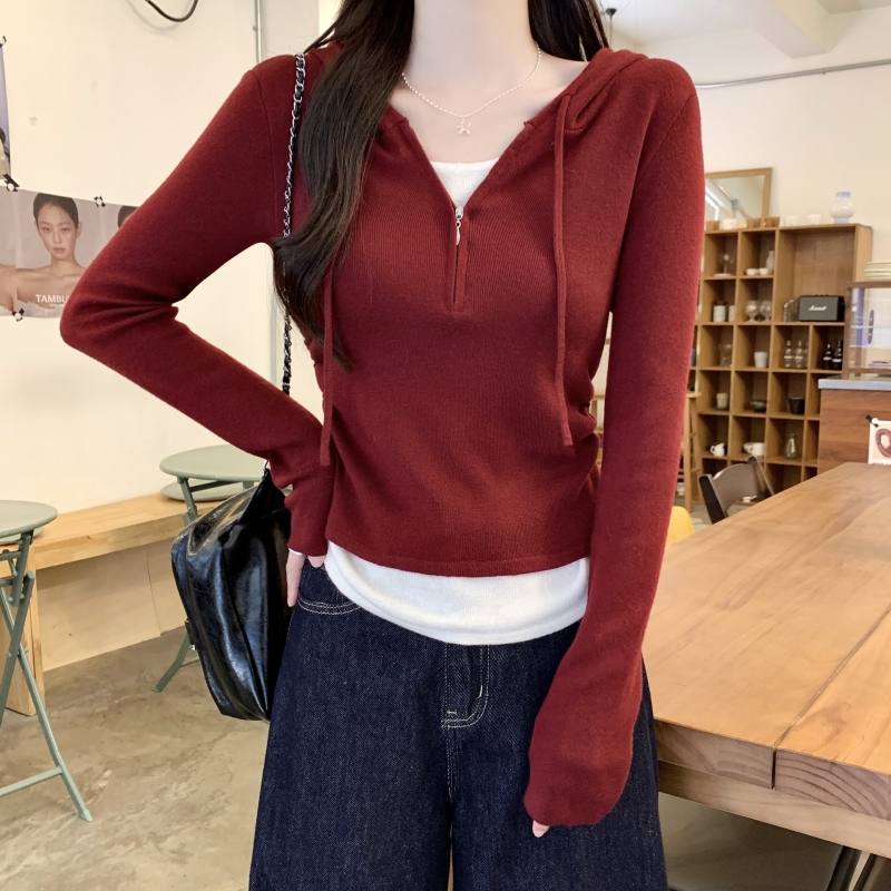 PF27326# 安可拉红假两件连帽针织衫女秋冬新款设计感收腰显瘦长袖打底上衣女裝貨源服裝批發