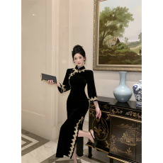 批发时尚复古花边拼接丝绒新中式旗袍连衣裙