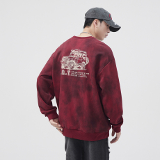 批发实拍红色水墨印花圆领卫衣男秋冬新款潮牌宽松休闲长袖套头上衣