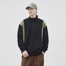 批发实拍撞色拼接立领半拉链卫衣男秋冬款潮牌时尚休闲套头长袖上衣