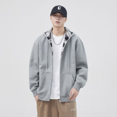 批发实拍加绒加厚开衫卫衣男秋冬季新款潮牌时尚宽松连帽带兜帽衫外套