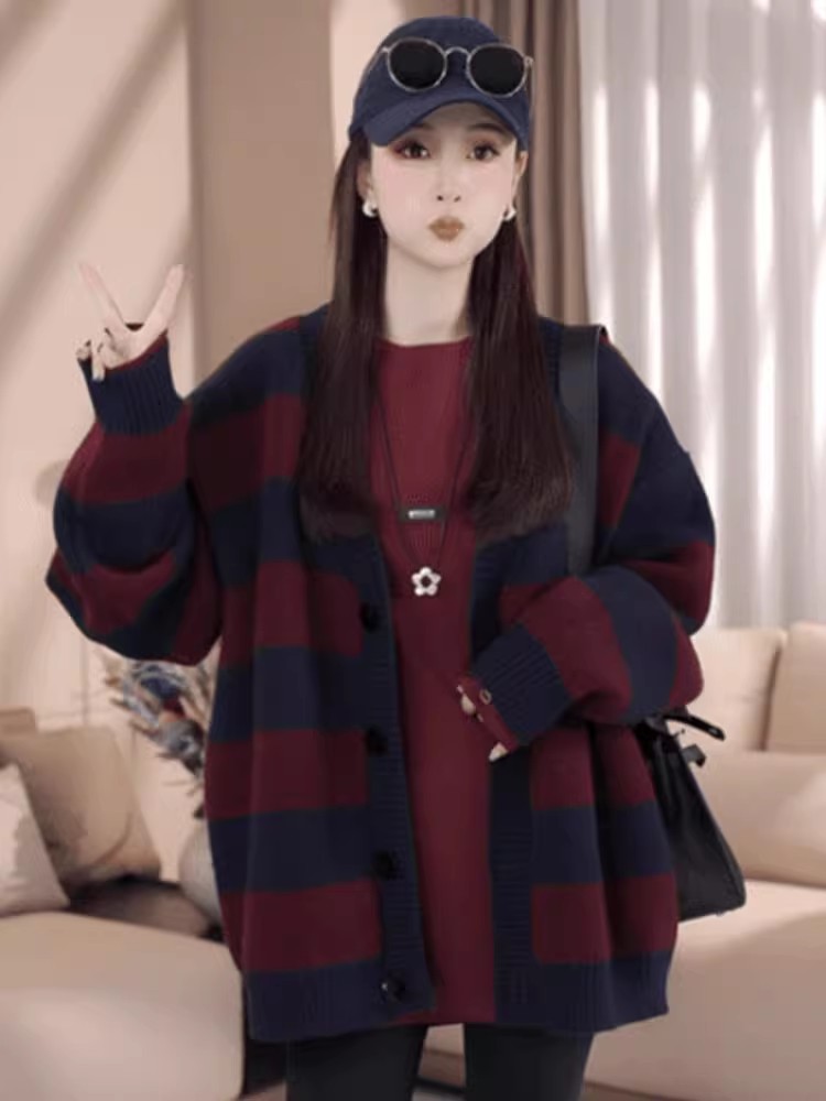 고급 센스 색상 일치 스트라이프 스웨터 카디건 여성 코트 가을과 겨울 새로운 레트로 V 칼라 슬림 외부 가져 가라. 긴 소매 맨위