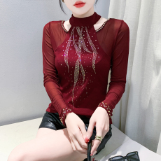 批发实拍2026<b class='q'>春</b>季新款立领重工烫钻时尚网纱拼接修身显瘦打底衫女上衣