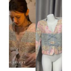 批发浮梦鸢尾_法式小香风tweed<b class='q'>木马</b>丝带蝴蝶结V领短外套