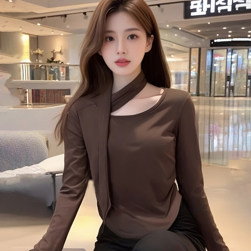 MY15755# 挂脖飘带加绒长袖T恤女新款设计感弹力洋气显瘦打底上衣女裝貨源服裝批發