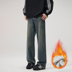 批发实拍2024冬季加绒加厚美式复古做旧水洗宽松直筒牛仔裤男阔腿裤