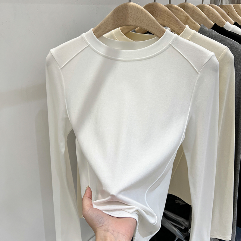 PF25641#磨毛鱼骨纹长袖t恤女秋冬季2024新款短款上衣打底衫内搭