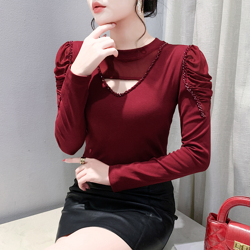 섹시함 홀로우 아웃 비즈 박기 반하이넥 작은 셔츠 여성 2026 가을 새로운 다용도 항구 바람 패션 망사 긴팔 기본 셔츠