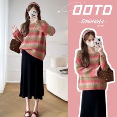 批发实拍~秋冬新款圆领彩条针织毛衣背心裙时尚百搭孕妇套装