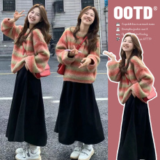 批发有货~秋冬新款圆领彩条针织毛衣背心裙时尚百搭孕妇套装