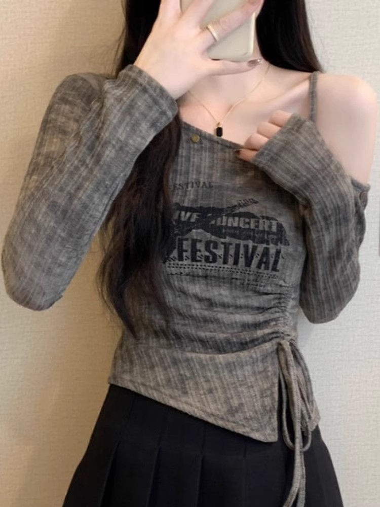 원본 원단 펌프 로프 프린트 오프숄더 긴팔 티셔츠 여성 가을 핫걸 몸매 가꾸기 슬림해 보이는 맨위