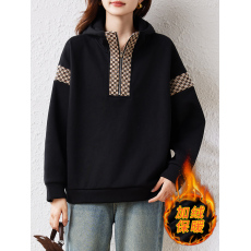 批发实拍 半开衫格纹撞色时尚高级感2024新冬连帽套头休闲卫衣女