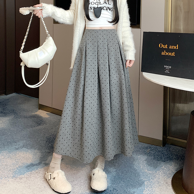 PF28241# 混纺羊毛半身裙女高腰显瘦中长款波点小爱心A字裙女裝貨源服裝批發