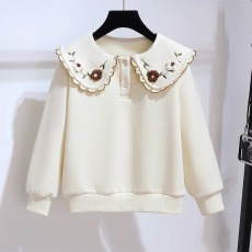 批发<b class='q'>女童</b>加<b class='q'>绒</b>卫衣秋冬季装2024年新款洋气娃娃领套头衫保暖儿童打底衫