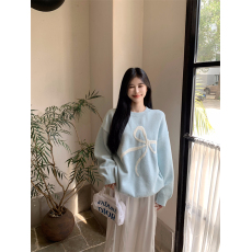 批发实价实拍 慵懒周末蝴蝶结毛衣秋冬新款韩系圆领宽松上衣