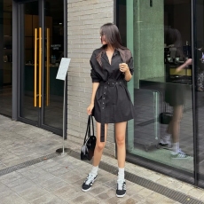 批发ins 韩版春季气质复古大口袋腰带收腰休闲简约宽松<b class='q'>衬衫</b>连衣裙