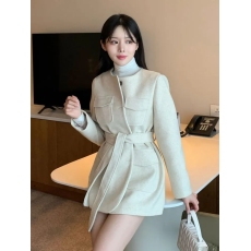 批发chic 韩版冬季时尚复古口袋圆领单排扣系带收腰毛呢子大衣外套