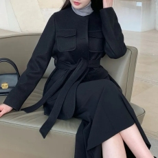 批发chic 韩版冬季时尚复古口袋圆领单排扣系带收腰毛呢子大衣<b class='q'>外套</b>