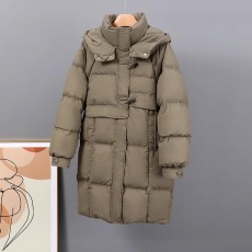 批发反季<b class='q'>清仓</b>牛角扣中长款棉服女韩版设计感宽松保暖连帽过膝外套冬