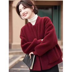 批发2025初冬今年流行独特超好看小香风红色短款加厚羊羔毛外套女冬季