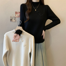 批发实拍一体绒中国风盘扣针织上衣女秋<b class='q'>冬</b>新款长袖减龄内搭女士毛衣