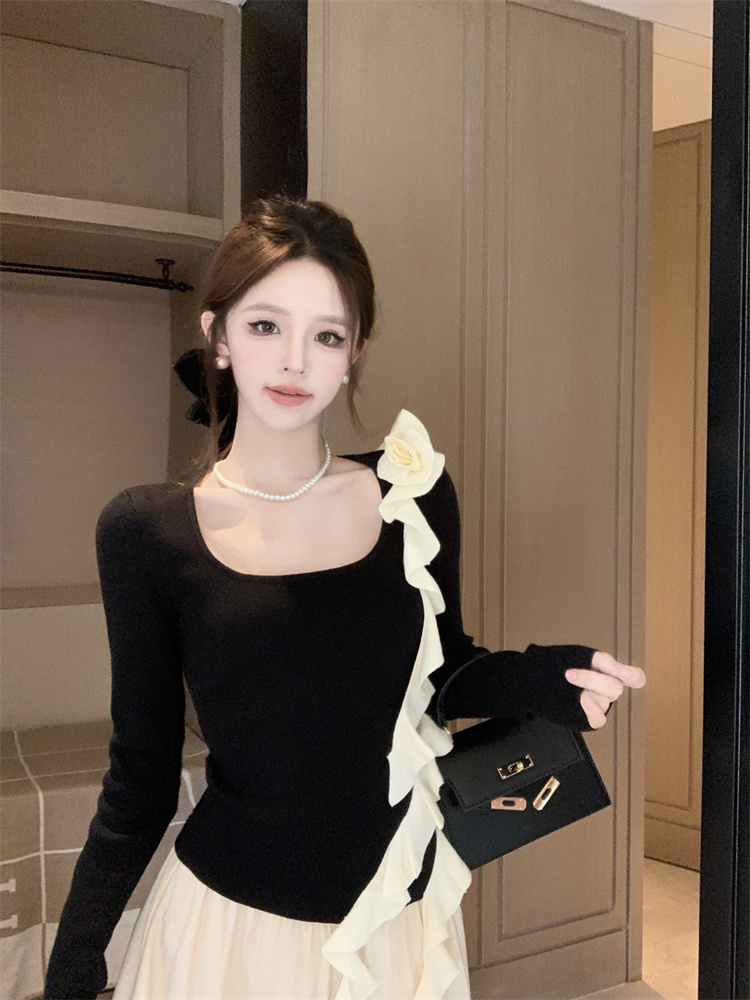 MY16734# 高级感撞色荷叶边针织上衣女修身方领立体花朵个性内搭上衣女裝貨源服裝批發