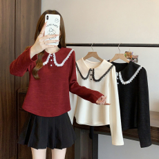 批发实价实拍202<b class='q'>冬</b>装新款胖mm大码韩版蕾丝边娃娃领加厚保暖打底衫