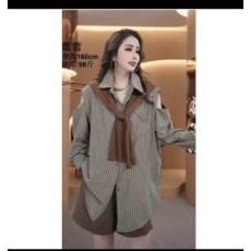 批发设计感小众露肩条纹<b class='q'>衬衫</b>女POLO领2024秋新款宽松显瘦披肩<b class='q'>衬衣</b>