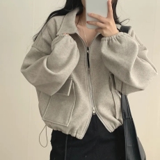 批发<b class='q'>韩国</b>chic秋冬法式减龄慵懒宽松双口袋拉链翻领抽绳收腰短款外套女