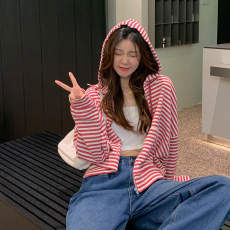 批发韩国外贸韩版鱼鳞条纹薄款拉链<b class='q'>外套</b>女春装女宽松长袖短款百搭上衣