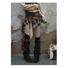 批发美式<b class='q'>街头</b>复古朋克叛逆流浪风拼接格纹不规则半身裙