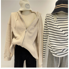 批发韩国<b class='q'>外贸</b>韩版春季华夫格连帽卫衣女宽松显瘦外套女拉链<b class='q'>开衫</b>