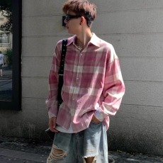 批发春秋复古水蓝色做旧毛边渐变格子长袖衬衫男女休闲宽松设计感衬衣