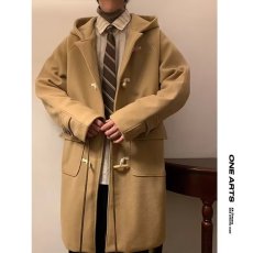 批发牛角扣大衣男款冬季中长款男装日系学院风衣古着连帽呢子中长外套