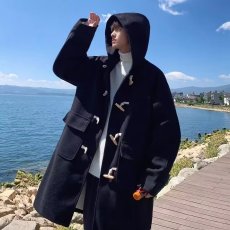 批发牛角扣毛呢大衣男冬季加厚羊羔绒风衣宽松潮牌港风连帽中长款外套