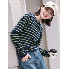 批发德玛<b class='q'>纳</b>条纹针织衫2024春圆领内搭显瘦百搭打底衫女慵懒休闲