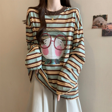 批发实拍 撞色条纹长袖T恤女秋款慵懒风美式宽松休闲<b class='q'>打底衫</b><b class='q'>大码</b>女