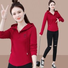 批发【92棉8氨纶早<b class='q'>秋</b>时尚休闲薄上衣新款百搭洋气T恤连帽减龄显瘦长袖