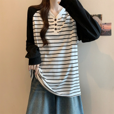 批发实拍 韩版黑白条纹撞色hic港风春<b class='q'>秋装</b>薄款插肩长袖T恤上衣女<b class='q'>大码</b>